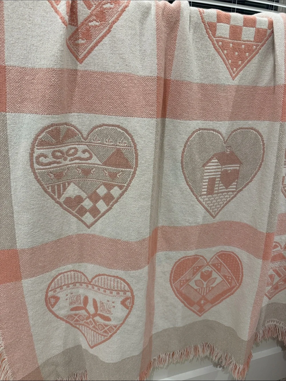 Manual Woodworkers & Weavers • Vintage 1992 Heart Sampler Tapestry Knit Blanket